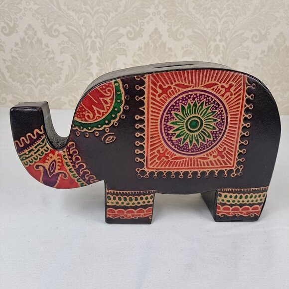 Handmade Brown Leather Elephant Coin Bank hand Painted Snap Coin Release NWOT - Picture 1 of 12